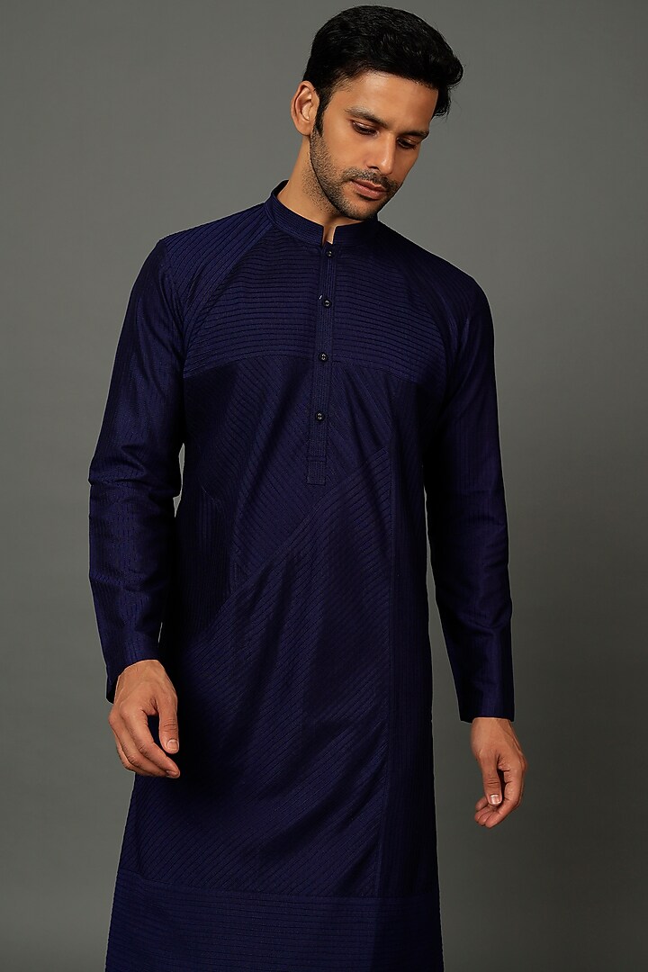 Midnight Blue Silk Cotton Kurta Set by SALVE at Pernia's Pop Up Shop