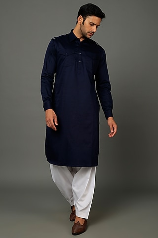 Midnight Blue Cotton Satin Kurta Set by SALVE