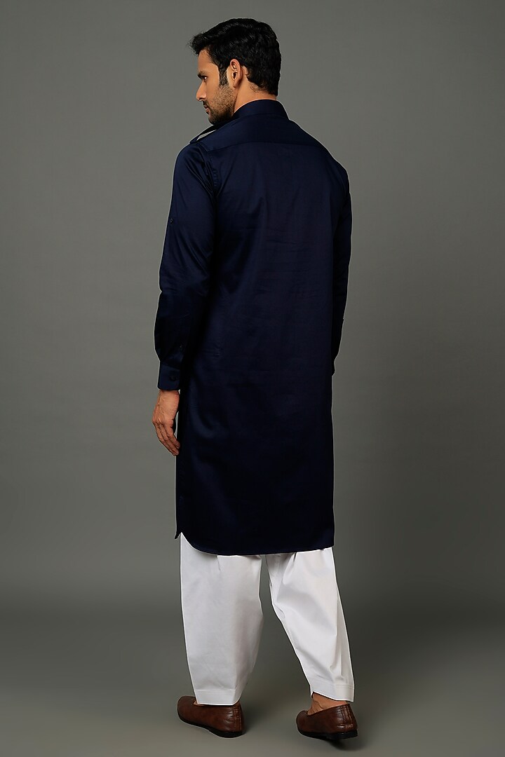 Midnight Blue Cotton Satin Kurta Set by SALVE at Pernia's Pop Up Shop