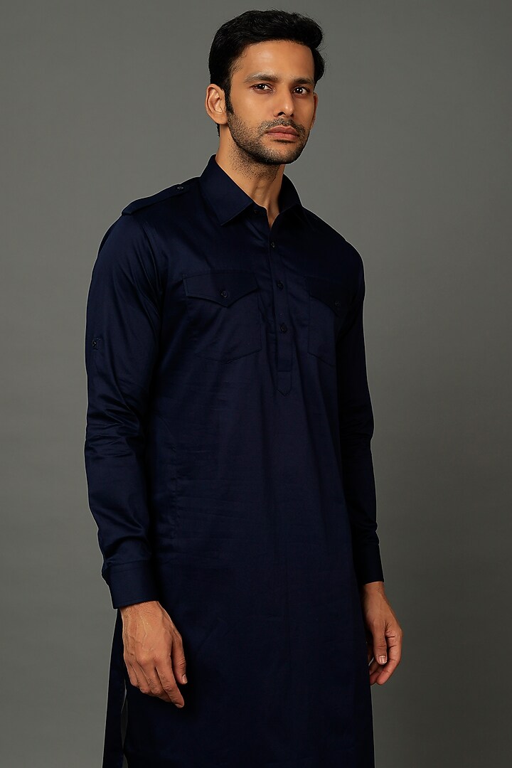 Midnight Blue Cotton Satin Kurta Set by SALVE at Pernia's Pop Up Shop