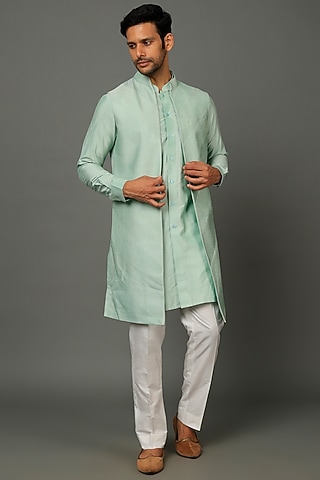 Mint Green Silk Indowestern Set by SALVE