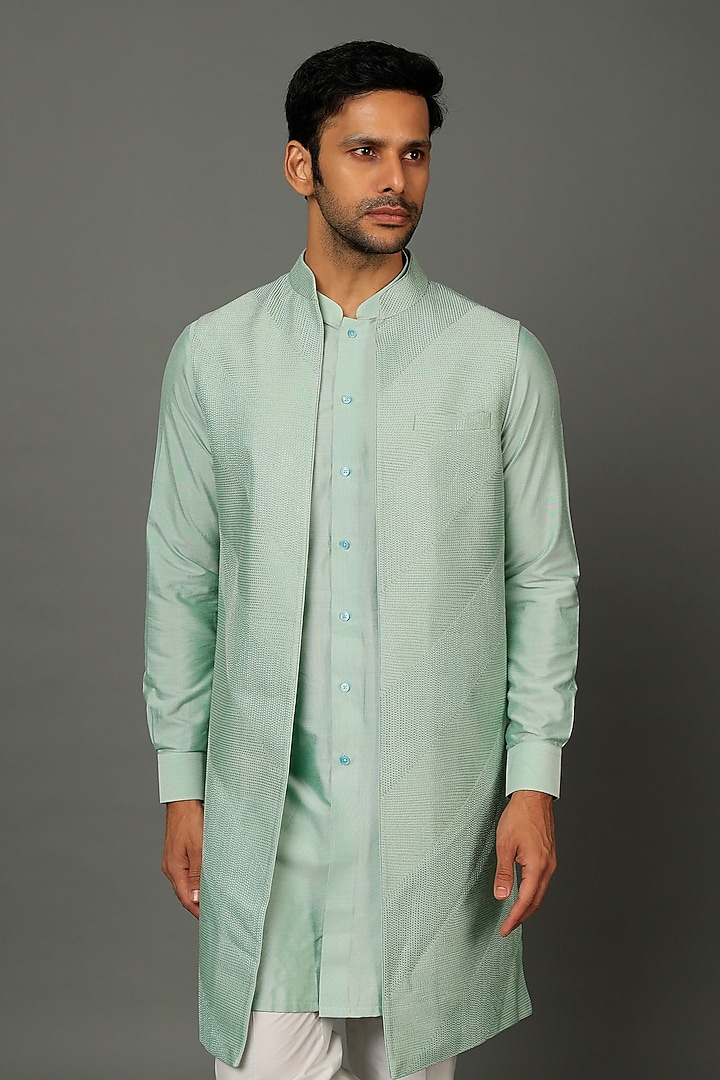 Mint Green Silk Wedding Indowestern Set by SALVE at Pernia's Pop Up Shop