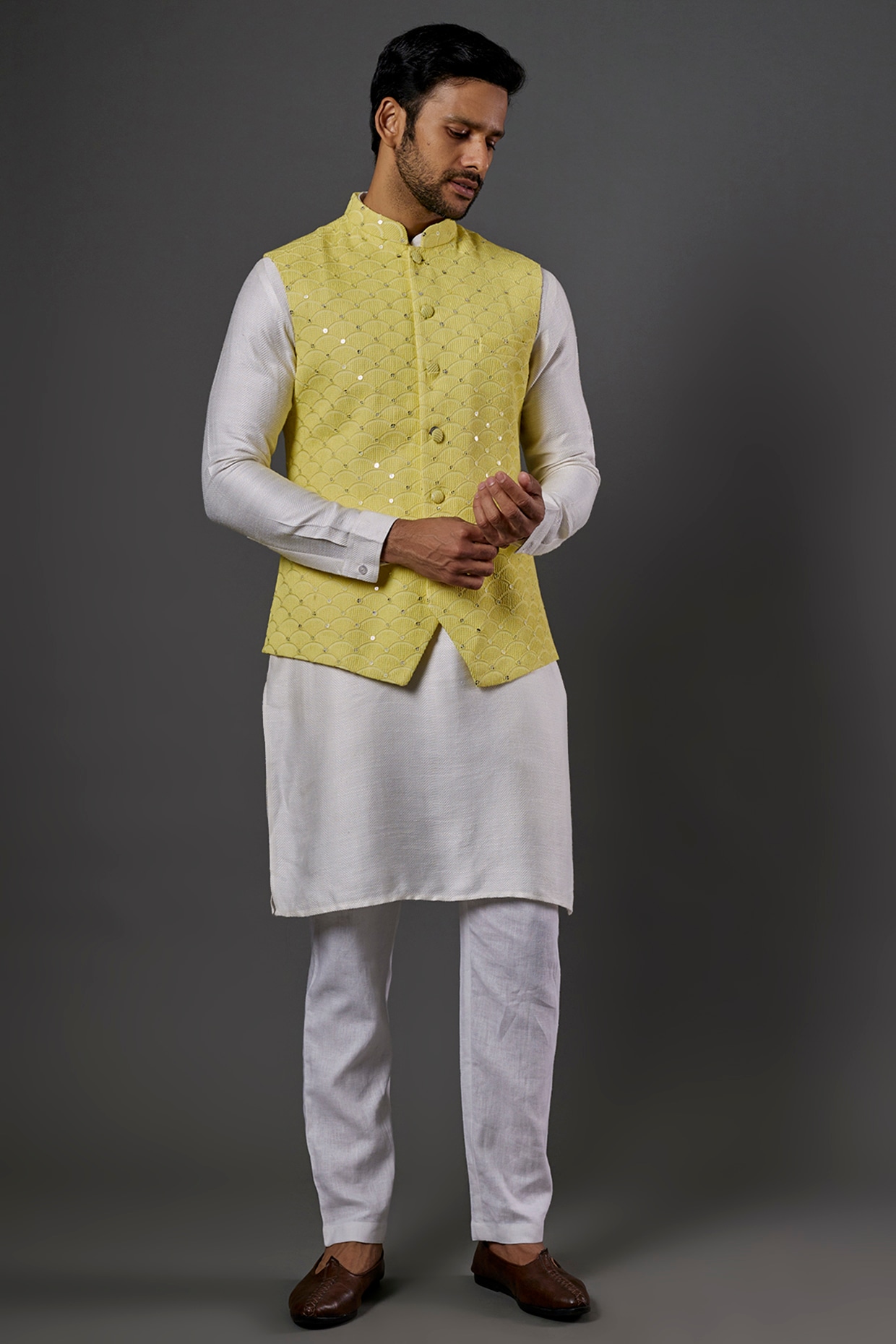 Woven Asymmetric Art Silk Jacquard Nehru Jacket in Yellow : MLC2040