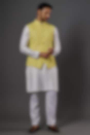 Yellow Chikankari Embroidered Nehru Jacket by SALVE