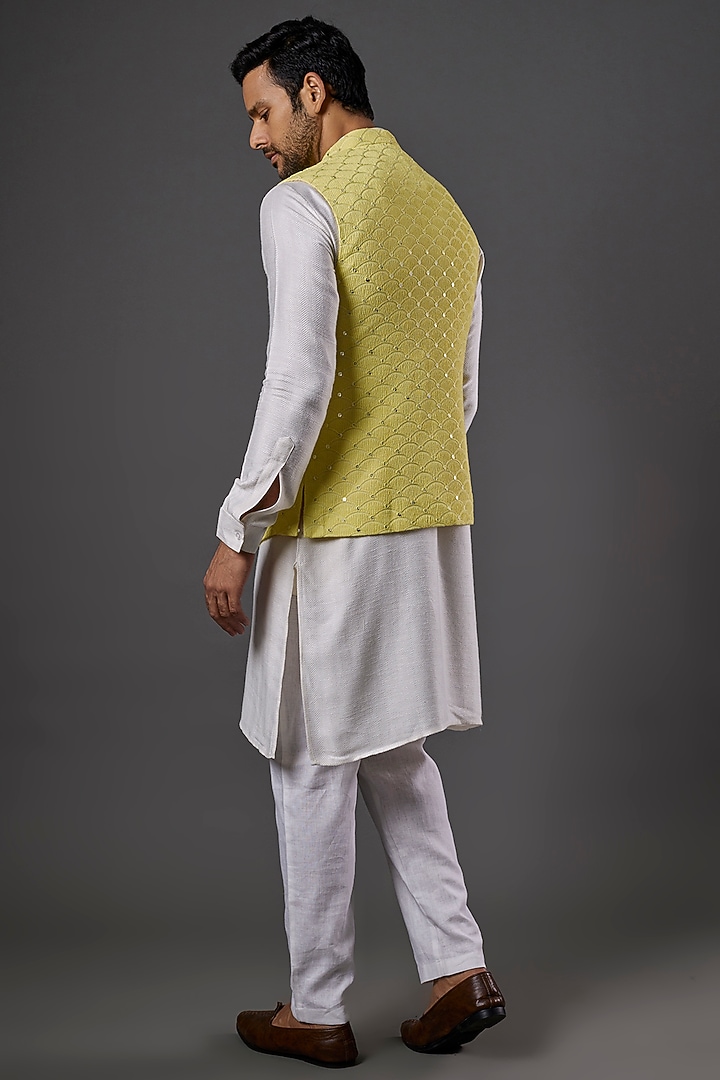 Yellow Georgette Blend Chikankari Embroidered Nehru Jacket by SALVE at Pernia's Pop Up Shop