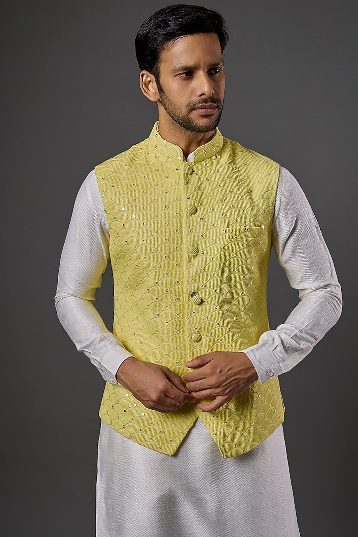Yellow Georgette Blend Chikankari Embroidered Nehru Jacket by SALVE at Pernia's Pop Up Shop