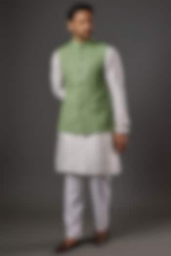 Mint Green Chikankari Embroidered Nehru Jacket by SALVE