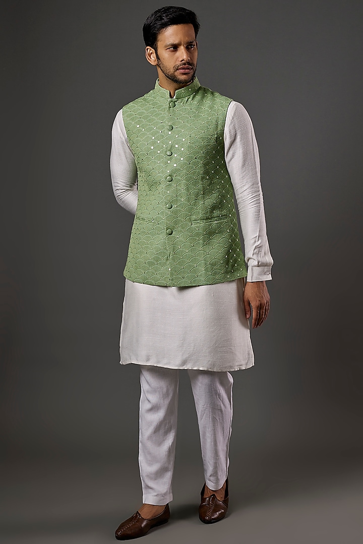 Mint Green Chikankari Embroidered Nehru Jacket by SALVE