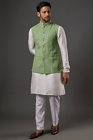 Mint Green Chikankari Embroidered Nehru Jacket by SALVE