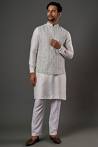 Sky Blue Silk Blend Chikankari Embroidered Nehru Jacket by SALVE