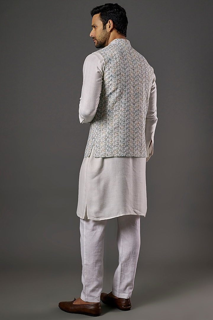 Sky Blue Silk Blend Chikankari Embroidered Nehru Jacket by SALVE at Pernia's Pop Up Shop