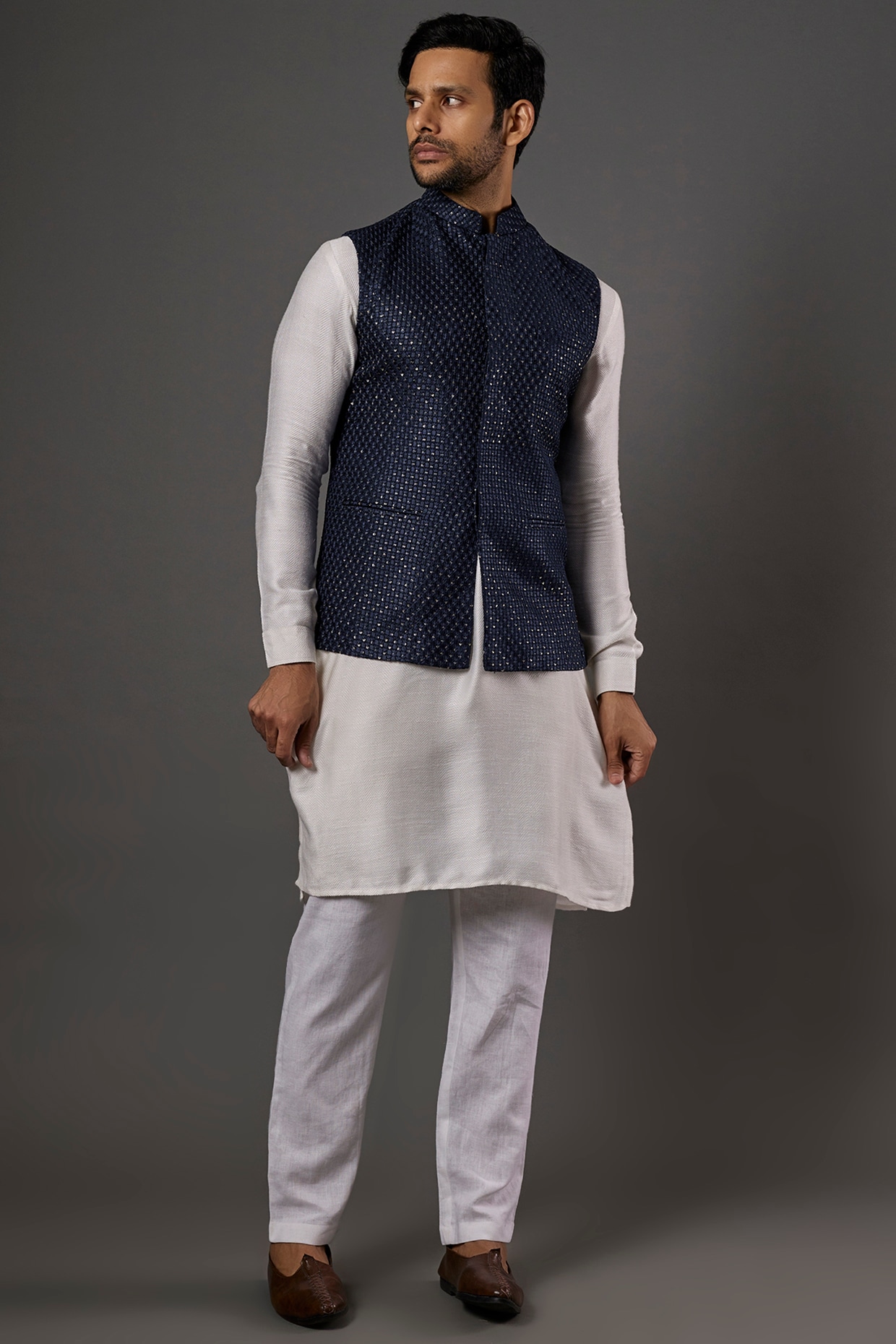 Buy Soft Beige Jaal Patterned Chikankari Embroidered Jacket Online in India  @Manyavar - Nehru Jacket for Men