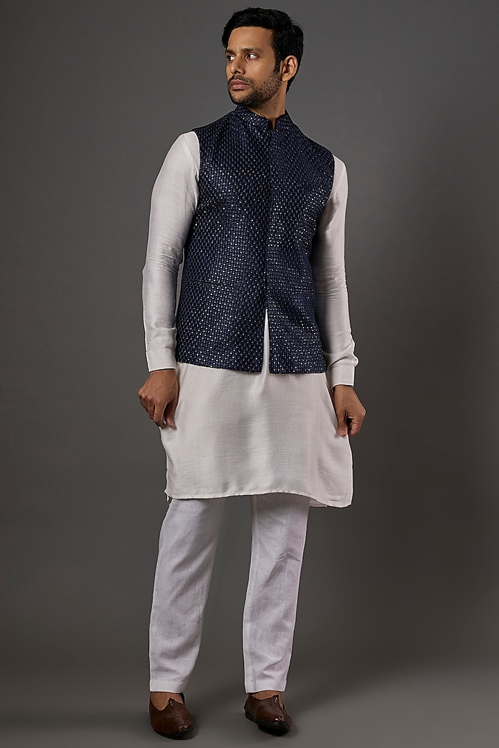 Midnight Blue Chikankari Embroidered Nehru Jacket by SALVE
