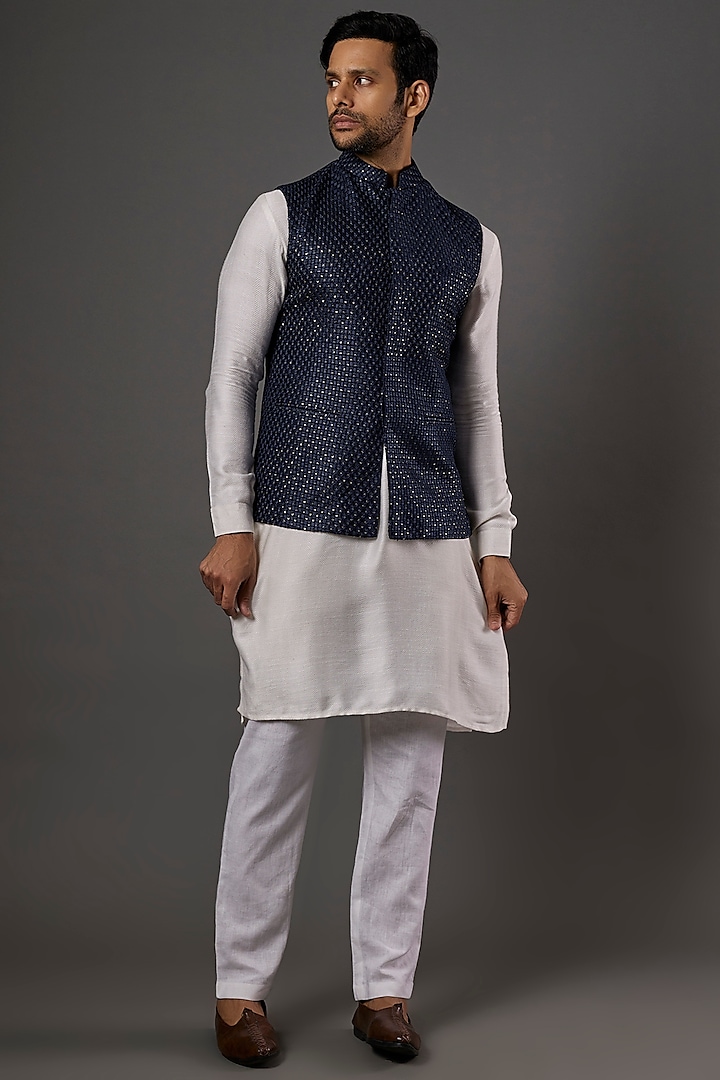 Midnight Blue Georgette Blend Chikankari Embroidered Nehru Jacket by SALVE