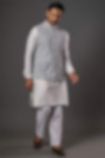 Silver Grey Chikankari Embroidered Nehru Jacket by SALVE