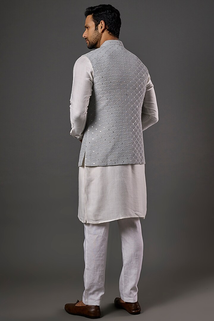 Silver Grey Georgette Blend Chikankari Embroidered Nehru Jacket by SALVE at Pernia's Pop Up Shop