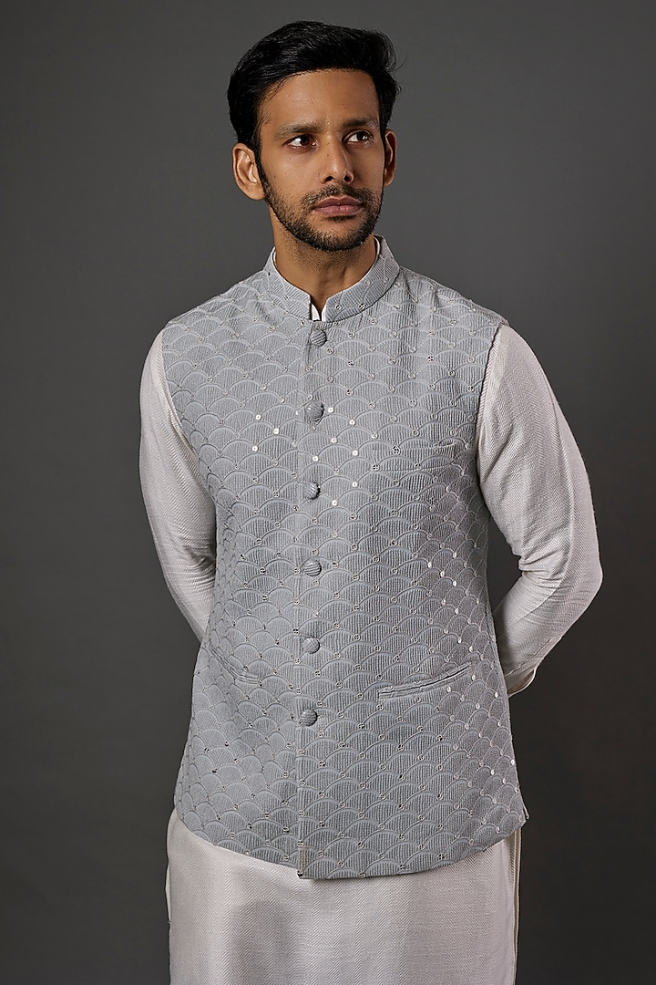 Silver Grey Georgette Blend Chikankari Embroidered Nehru Jacket by SALVE at Pernia's Pop Up Shop