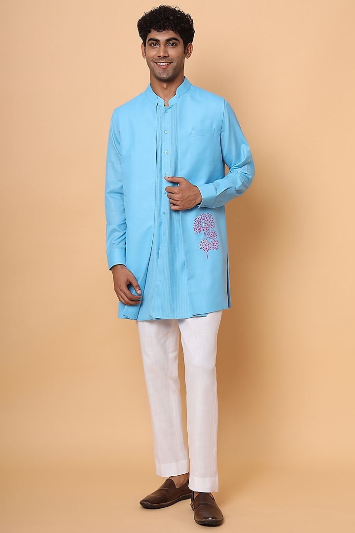 Blue Matka Cotton Indowestern Set by SALVE