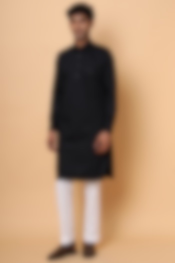 Black Cotton Silk Pathani Kurta Set by SALVE
