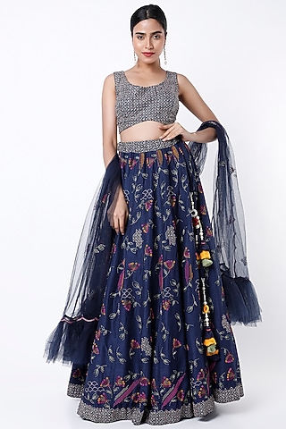 Navy Blue Hand Embroidered Lehenga Set by Samad Atelier