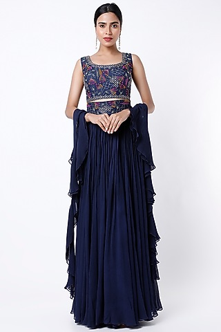 Dark Navy Blue Georgette Skirt Set by Samad Atelier