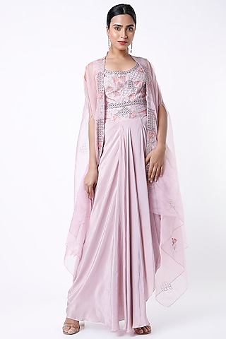 Mauve Organza Cape Set by Samad Atelier