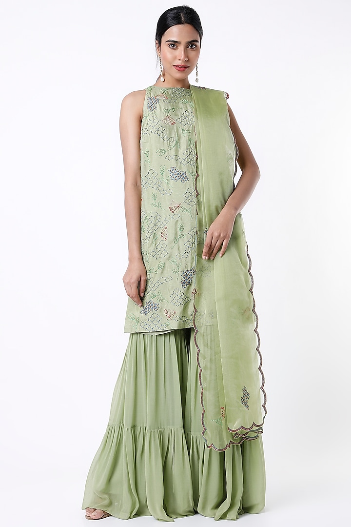 Mint Green Dola Silk Sharara Set by Samad Atelier