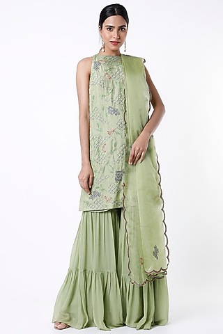 Mint Green Dola Silk Sharara Set by Samad Atelier