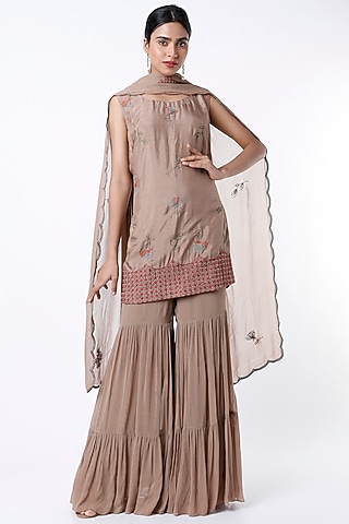 Brown Georgette Sharara Set by Samad Atelier