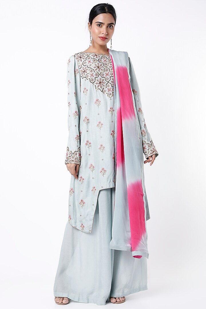 Pastel Blue Dola Silk Kurta Set by Samad Atelier at Pernia's Pop Up Shop