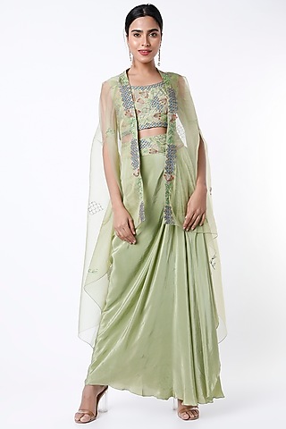 Mint Green Organza Cape Set by Samad Atelier
