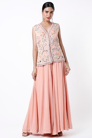 Peach Georgette Sharara Set by Samad Atelier