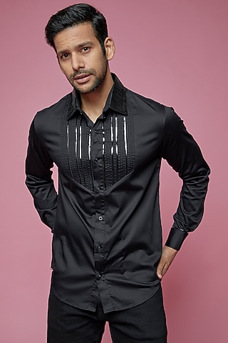 Black Cotton Faux Leather Shirt by SAMEER MADAN MEN