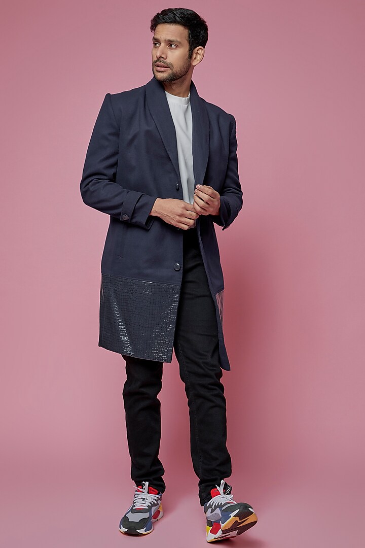 Blue Faux Croc Leather & Felt Coat by SAMEER MADAN MEN at Pernia's Pop Up Shop