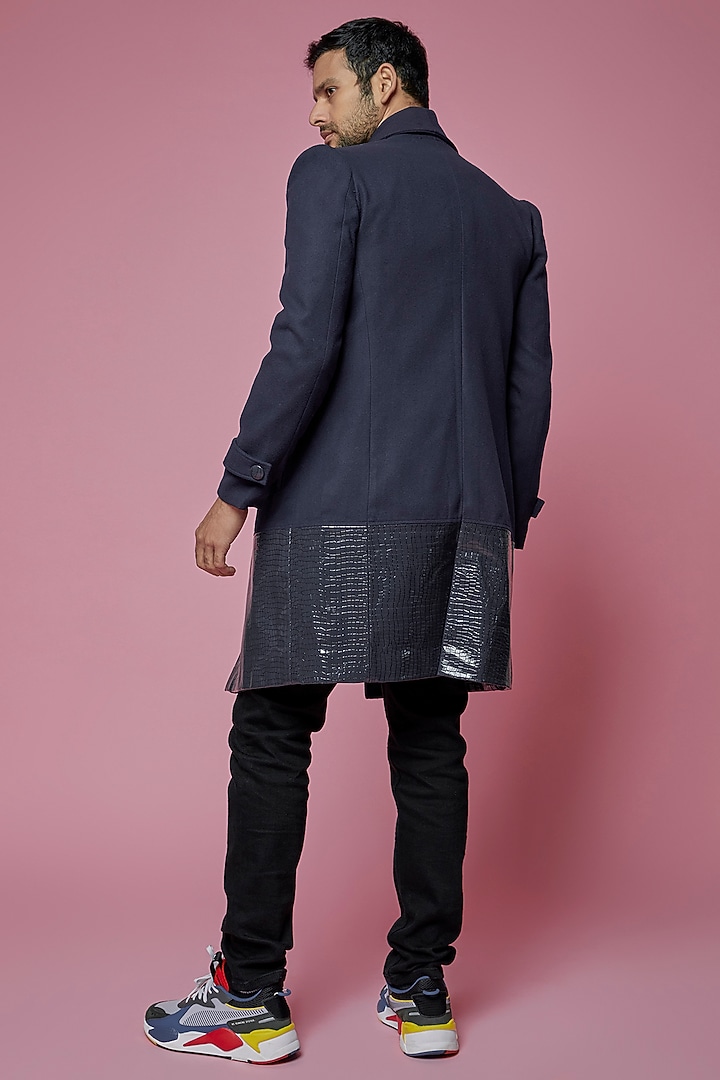 Blue Faux Croc Leather & Felt Coat by SAMEER MADAN MEN at Pernia's Pop Up Shop