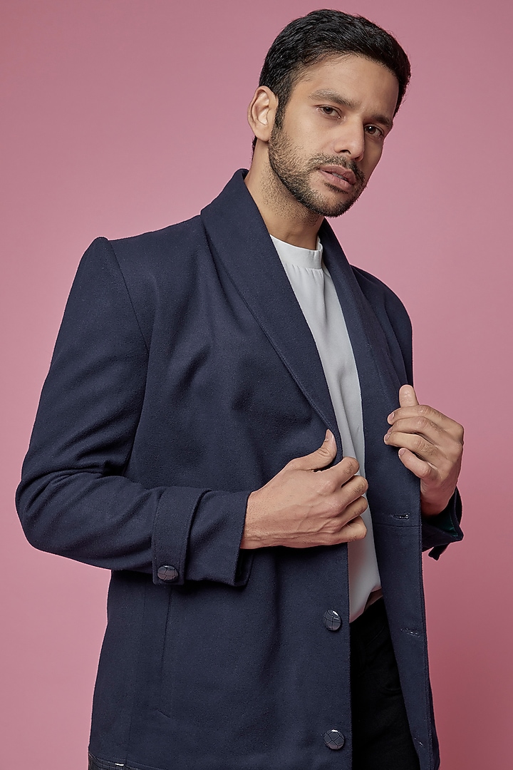 Blue Faux Croc Leather & Felt Coat by SAMEER MADAN MEN at Pernia's Pop Up Shop