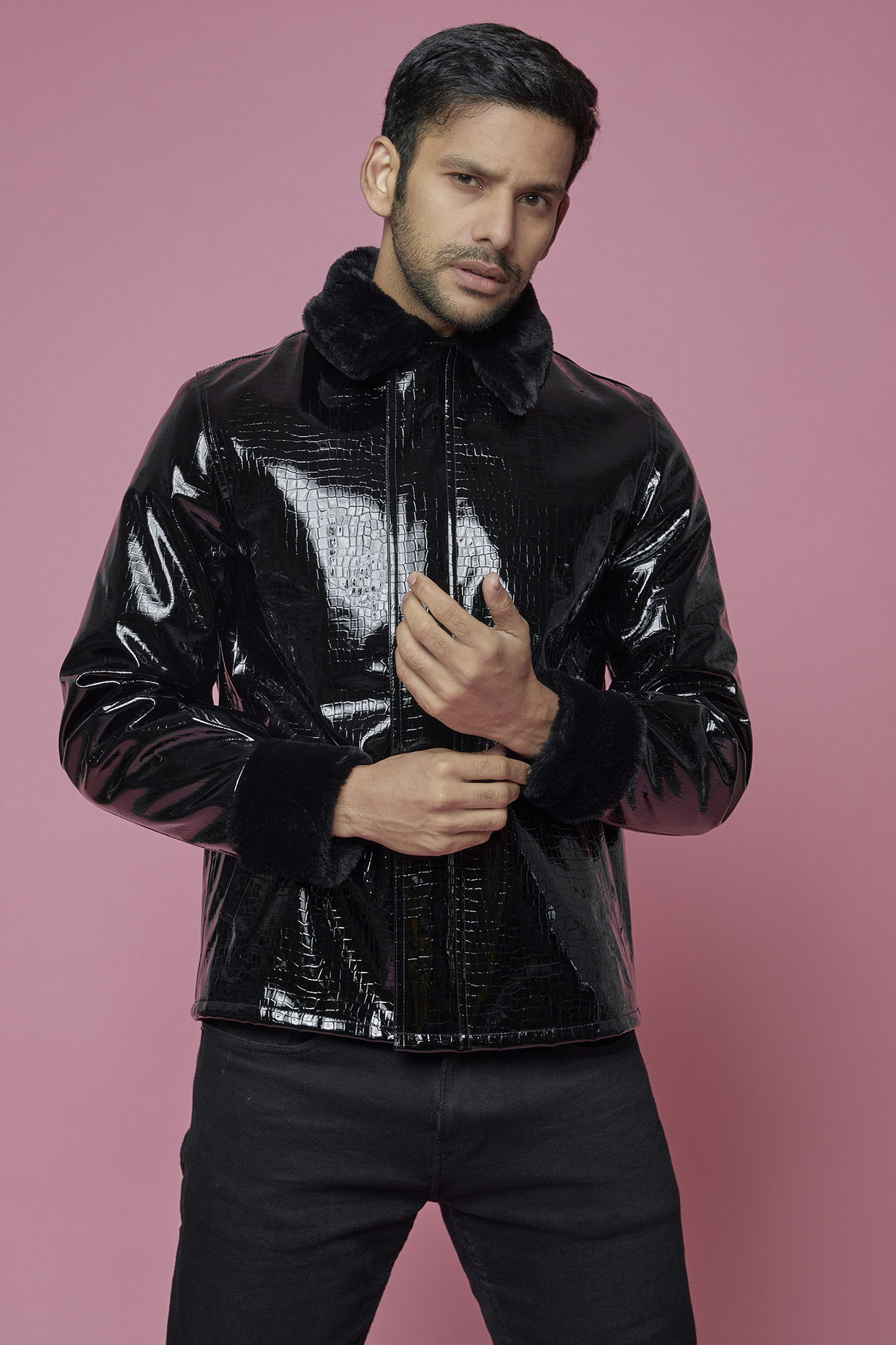 Black Faux Croc Leather & Faux Fur Biker Jacket by SAMEER MADAN MEN
