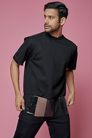 Black Banana Crepe & Faux Leather T-Shirt by SAMEER MADAN MEN