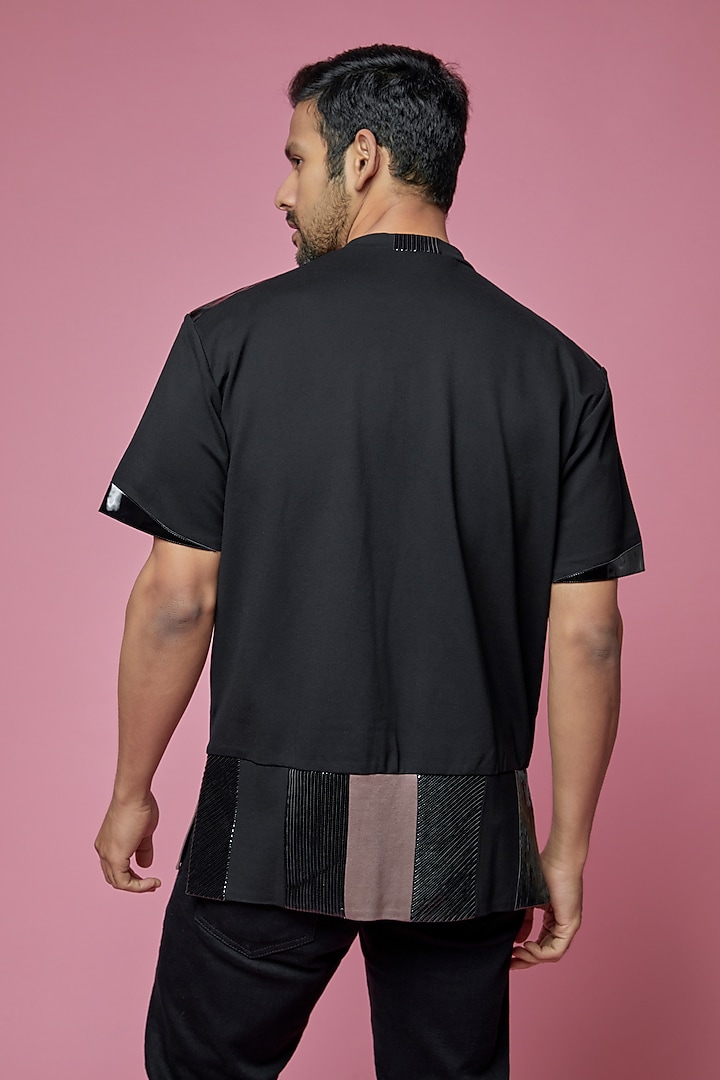 Black Banana Crepe & Faux Leather T-Shirt by SAMEER MADAN MEN at Pernia's Pop Up Shop