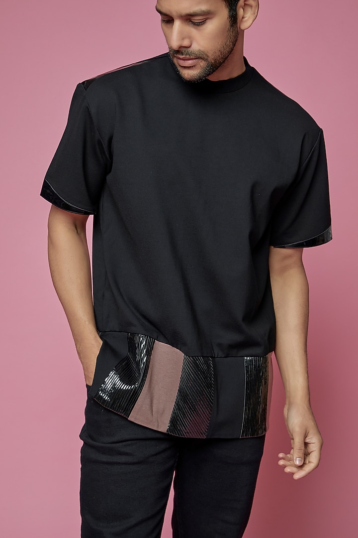 Black Banana Crepe & Faux Leather T-Shirt by SAMEER MADAN MEN at Pernia's Pop Up Shop