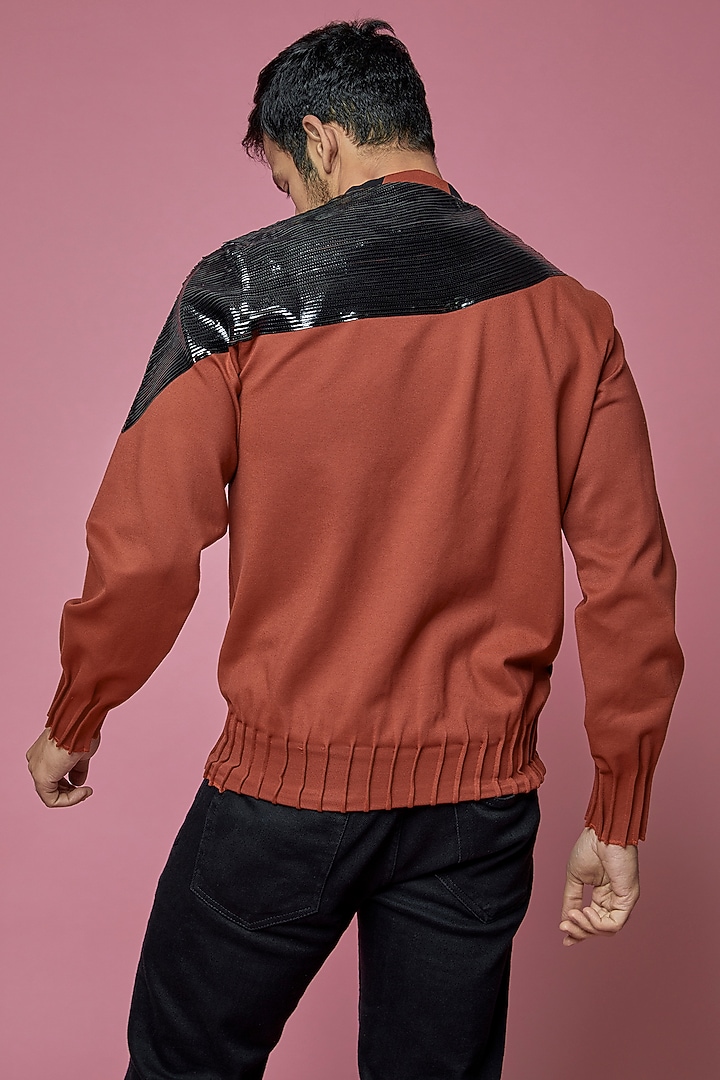 Orange Jersey & Faux Leather Sweatshirt by SAMEER MADAN MEN at Pernia's Pop Up Shop