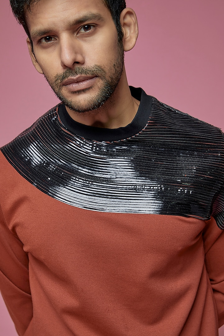Orange Jersey & Faux Leather Sweatshirt by SAMEER MADAN MEN at Pernia's Pop Up Shop