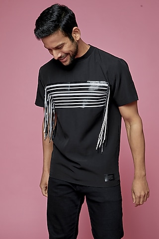 Black Banana Crepe & Faux Leather T-Shirt by SAMEER MADAN MEN