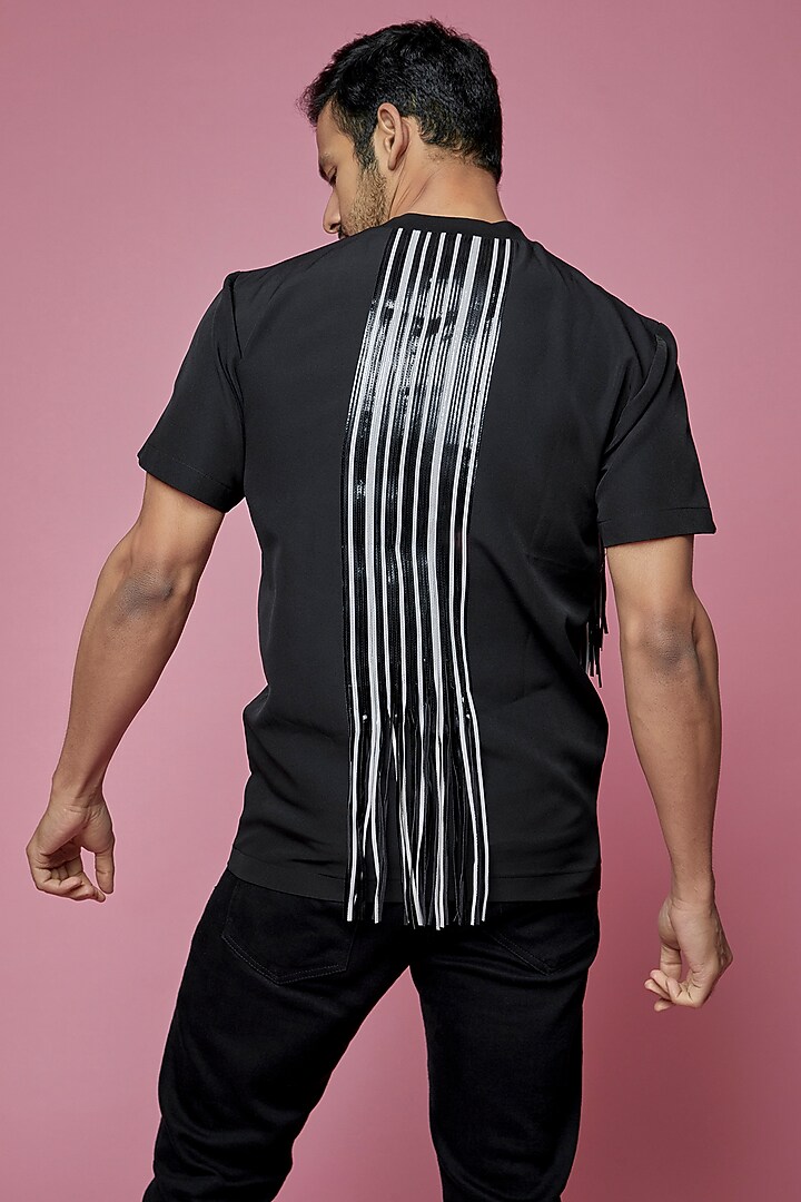 Black Banana Crepe & Faux Leather T-Shirt by SAMEER MADAN MEN at Pernia's Pop Up Shop