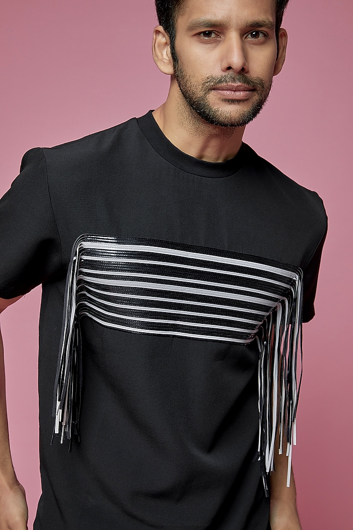 Black Banana Crepe & Faux Leather T-Shirt by SAMEER MADAN MEN at Pernia's Pop Up Shop