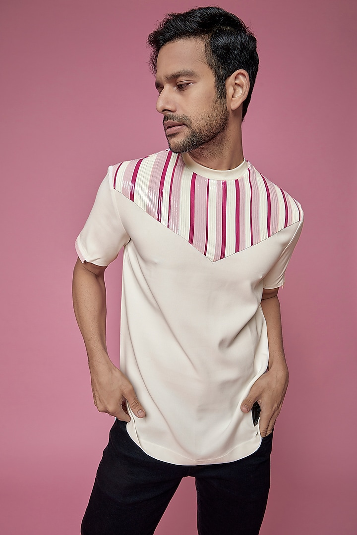 White Banana Crepe & Faux Leather T-Shirt by SAMEER MADAN MEN