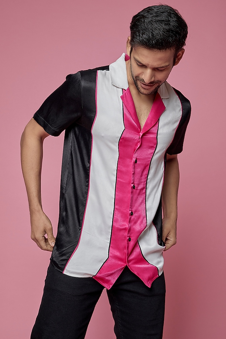 Pink & White Cotton Satin Shirt by SAMEER MADAN MEN