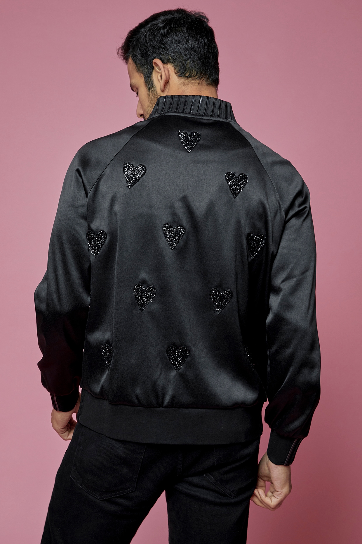 Black Dutch Satin Bomber Jacket Design by SAMEER MADAN MEN at