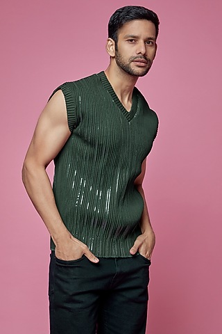 Green Jersey & Faux Leather Vest by SAMEER MADAN MEN