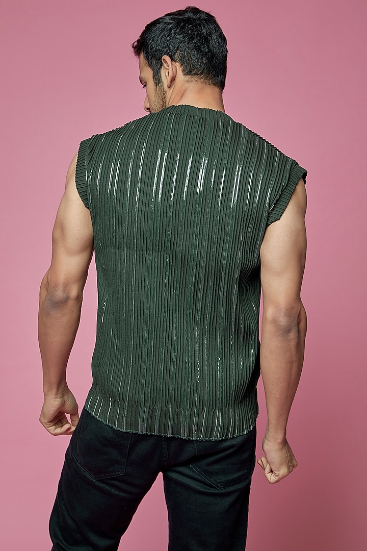 Green Jersey & Faux Leather Vest by SAMEER MADAN MEN at Pernia's Pop Up Shop